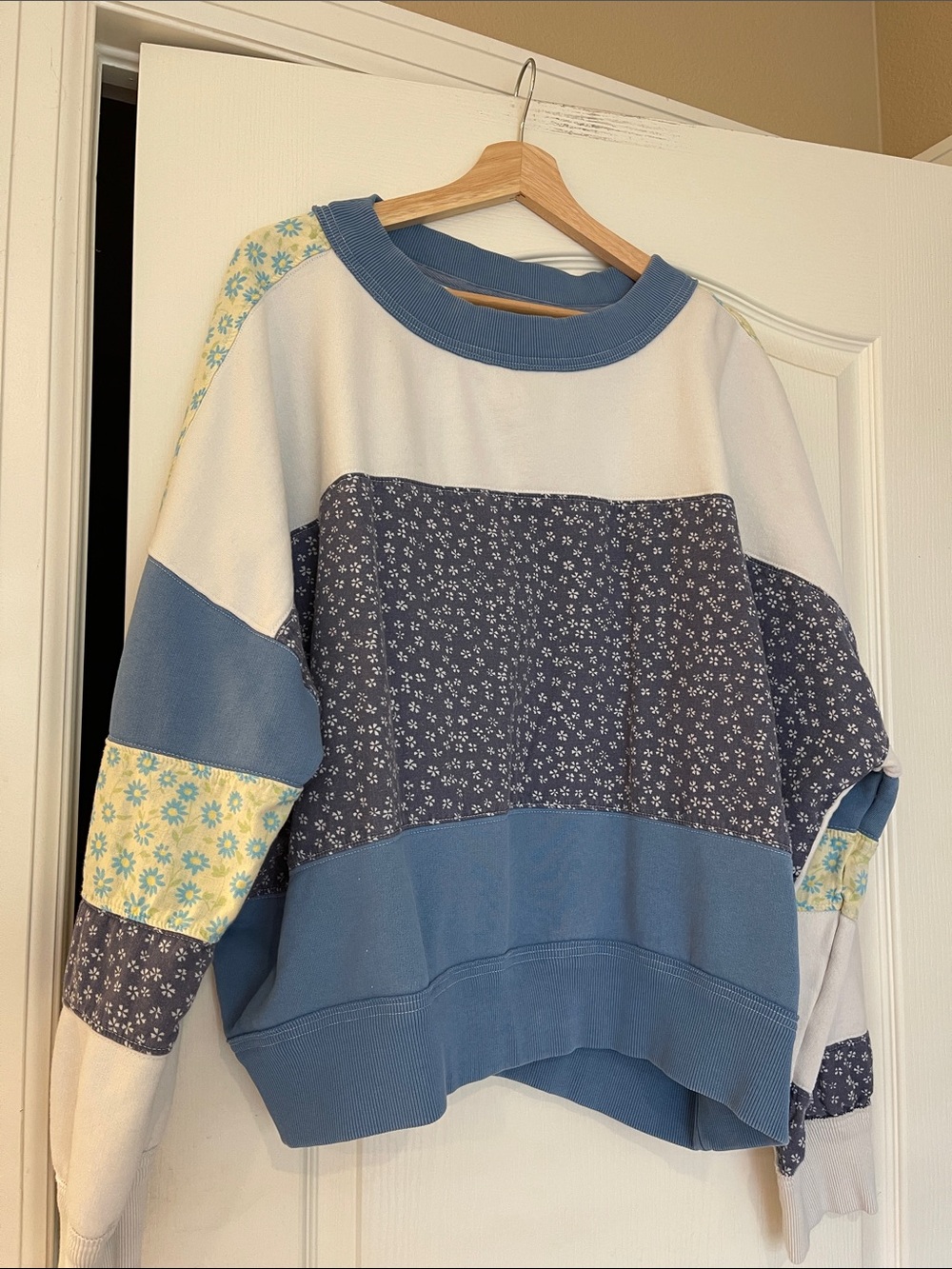 Free People Patchwork Floral Crewneck in Blue and Cream